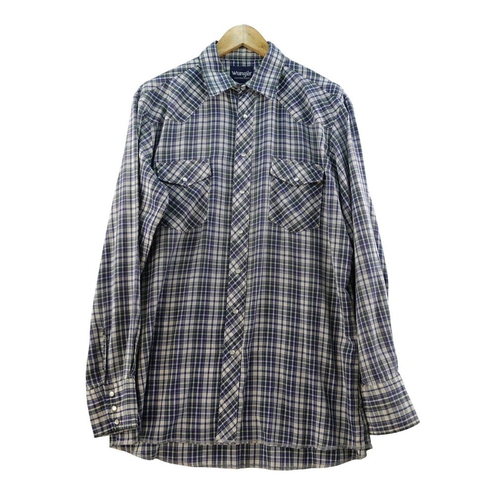Wrangler Western Pearl Snap Mens L Plaid Long Sleeve‎ Tall Fit Button Up Shirt